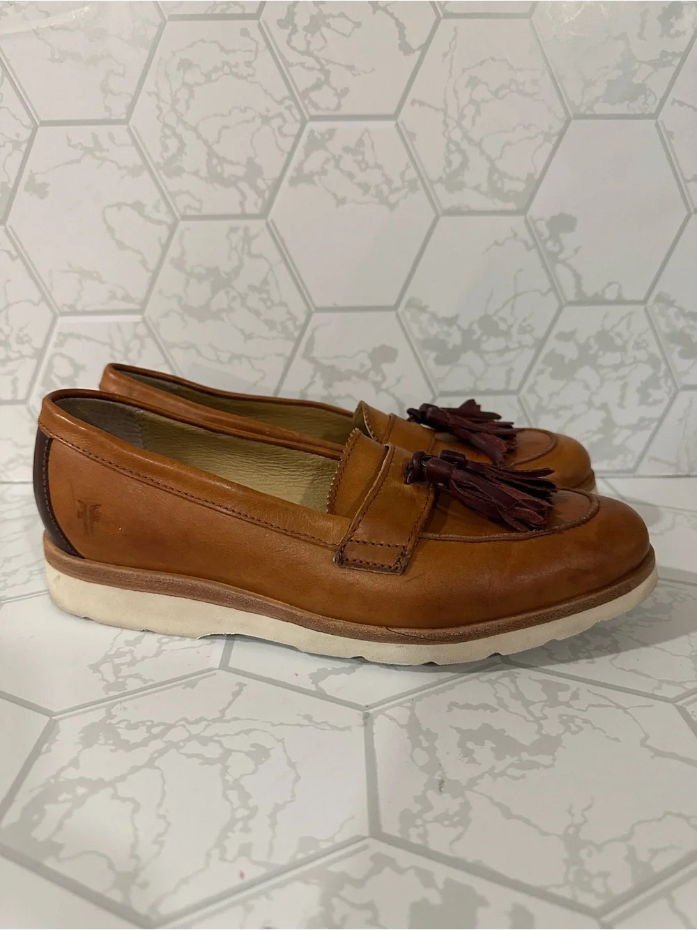 Frye Tan Leather Tassel Loafers with Dark Brown Tassels